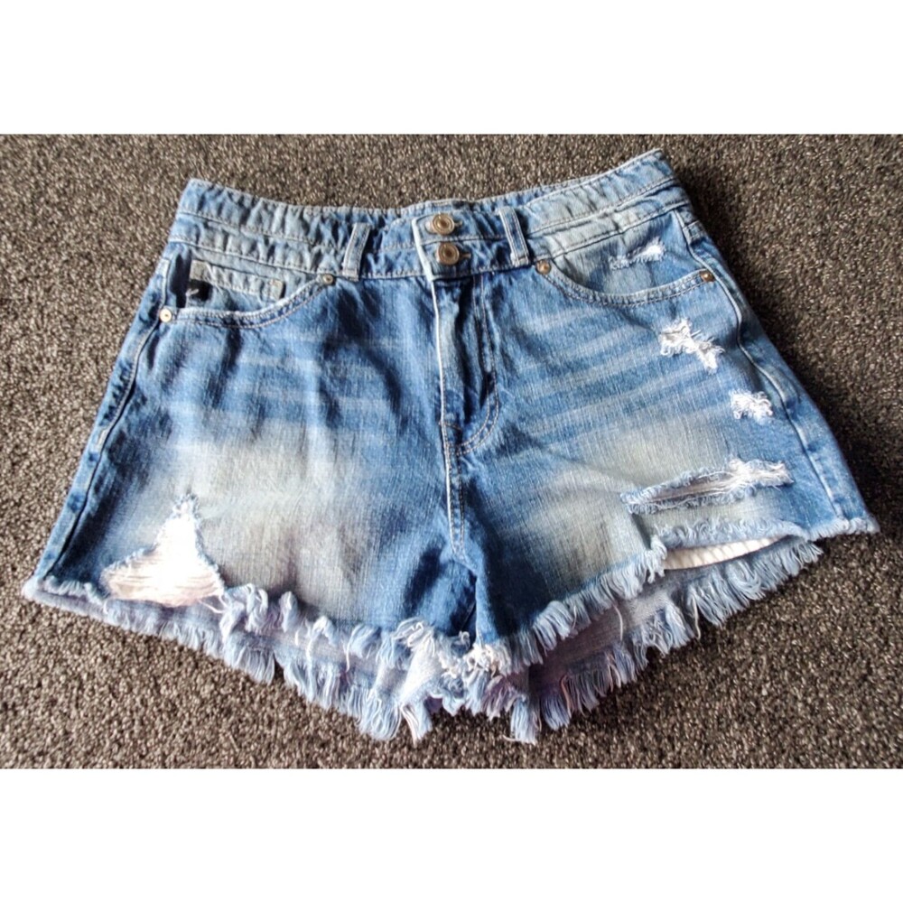 KanCan Shortie Shorts Women Medium Blue Denim Hi Rise Frayed Raw Hem Distressed